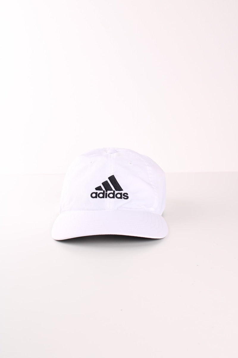 Adidas all white lightweight sporting cap with black embroidered logo on the front and snap adjustable strap