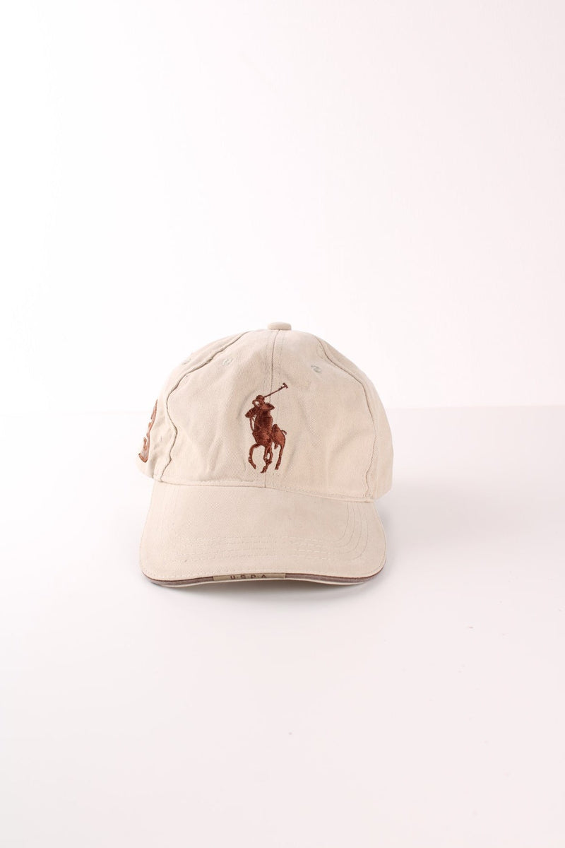 Ralph Lauren Polo tan baseball cap with large embroidered logos/details on the front, back and side with adjustable strap 