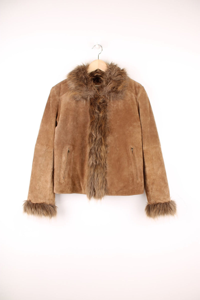 Y2K short brown afghan coat by Yessica with faux fur trim, two zipped pockets, and hook and eye closure.