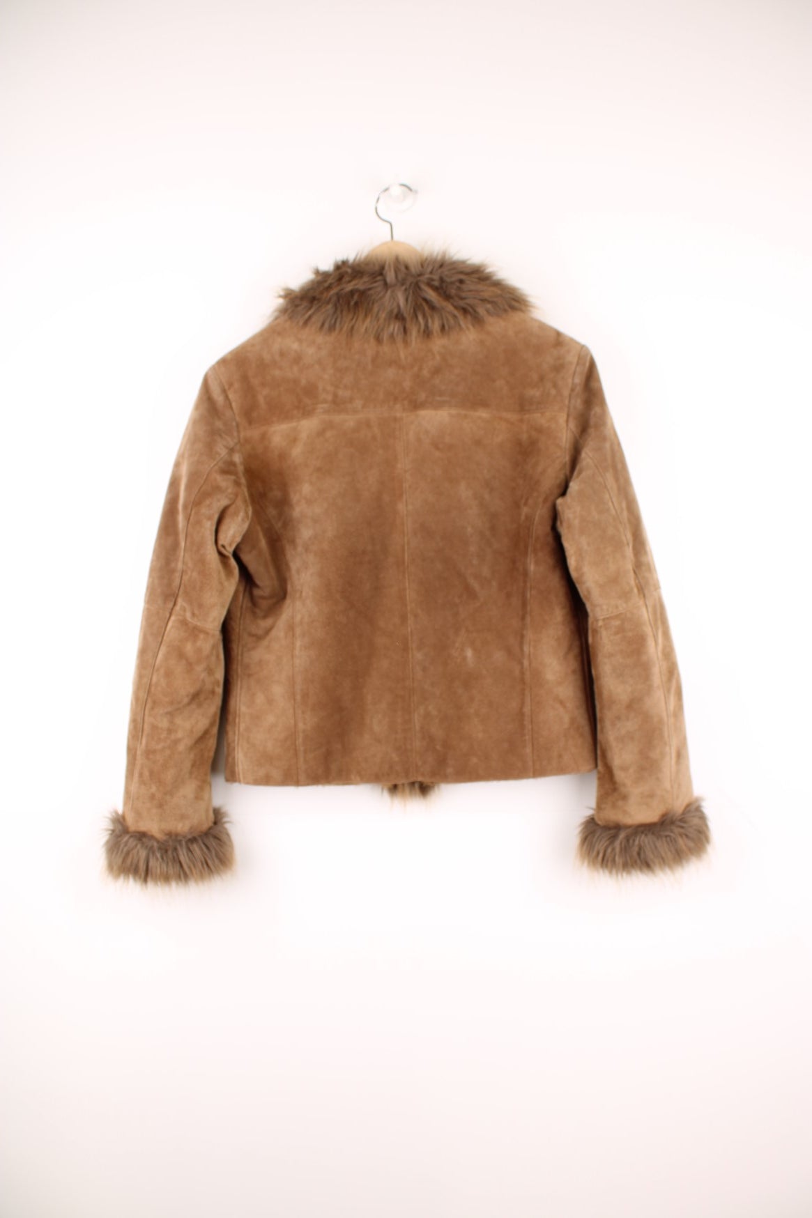 Y2K short brown afghan coat by Yessica with faux fur trim, two zipped pockets, and hook and eye closure.