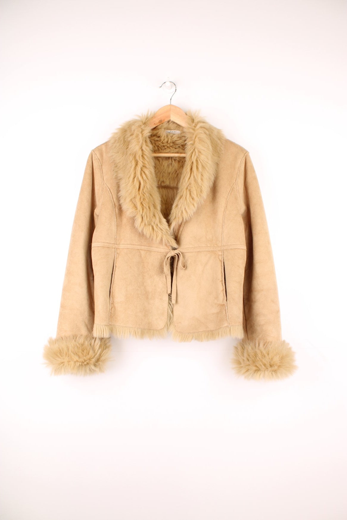 Tan Laura Ashley Y2K short afghan coat with faux fur trim, two side pockets and tie-up closure.  