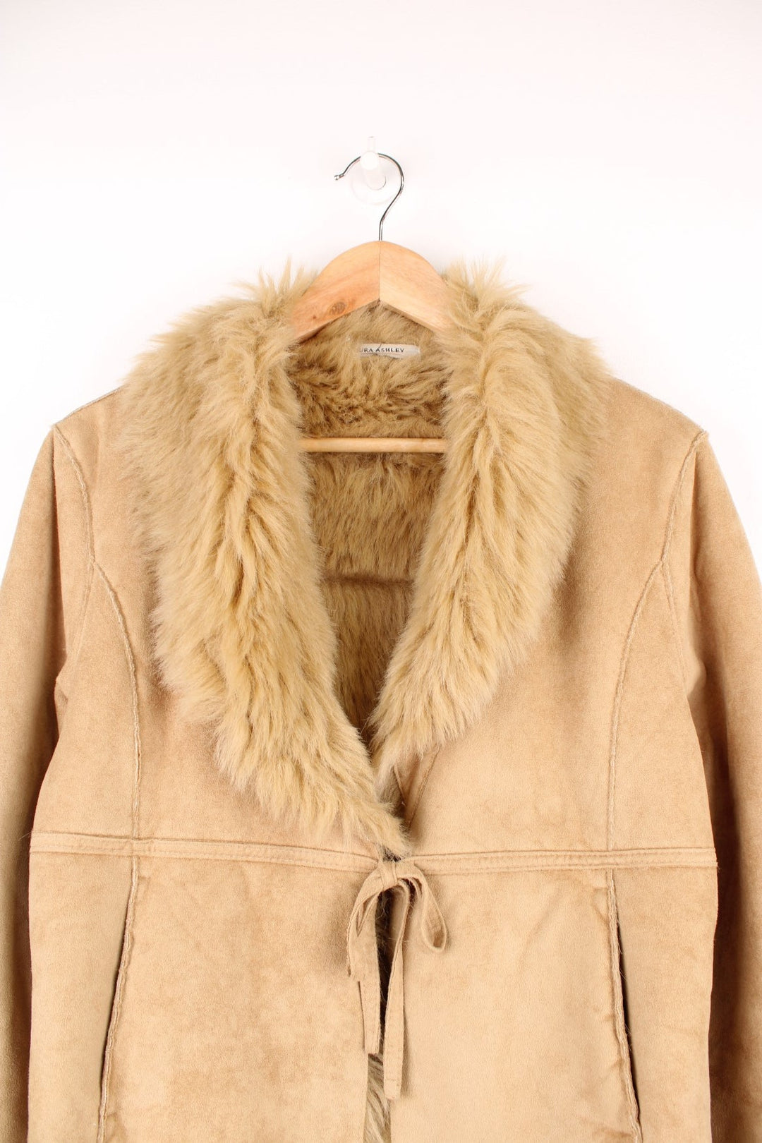 Tan Laura Ashley Y2K short afghan coat with faux fur trim, two side pockets and tie-up closure.  