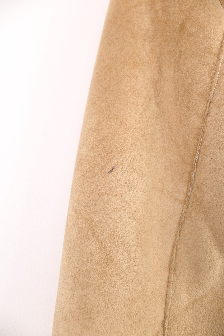 Tan Laura Ashley Y2K short afghan coat with faux fur trim, two side pockets and tie-up closure.  