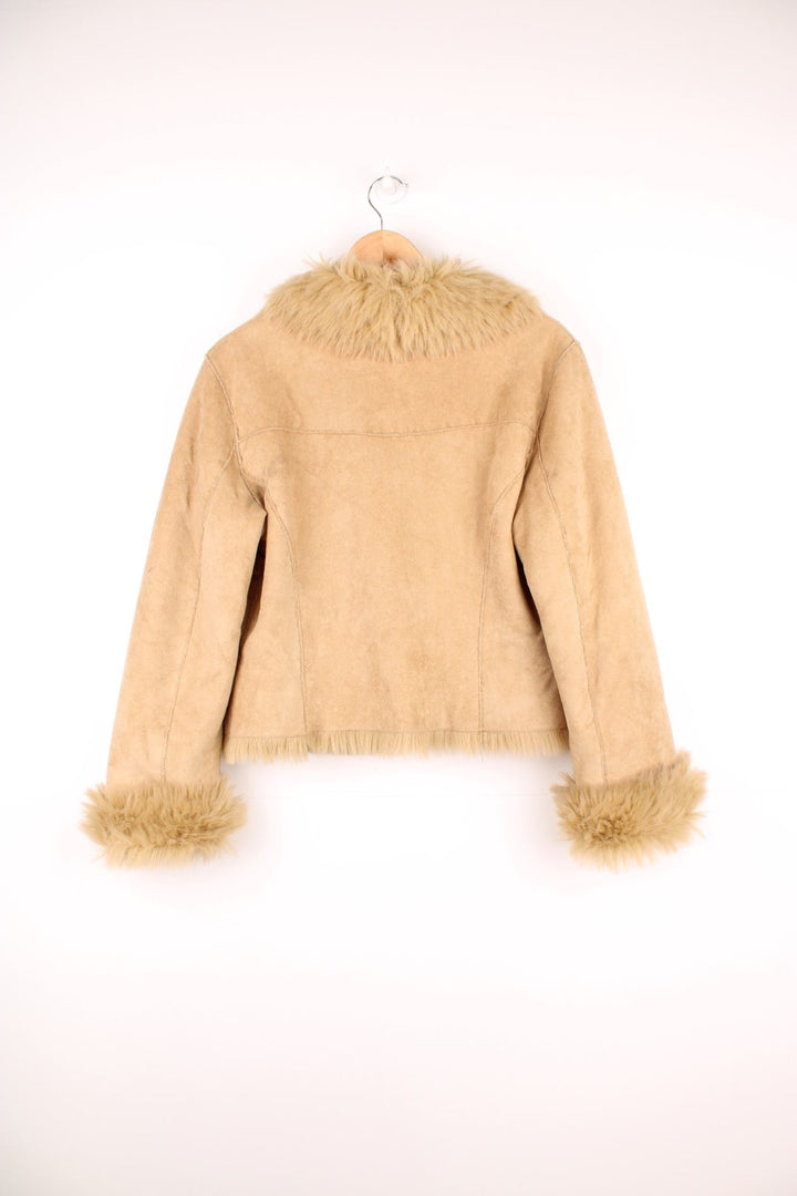 Tan Laura Ashley Y2K short afghan coat with faux fur trim, two side pockets and tie-up closure.  