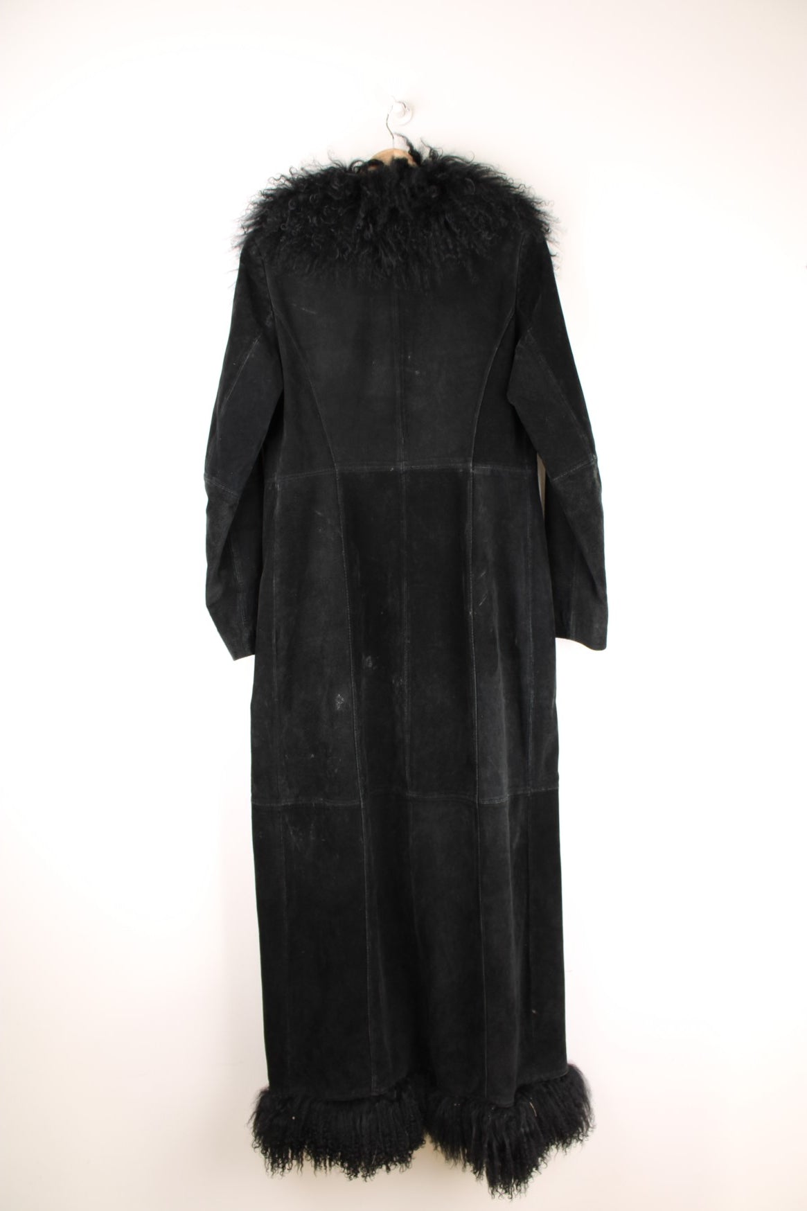 Y2K Topshop afghan coat in black suede with faux fur trim, two side pockets, and hook and eye closure. 