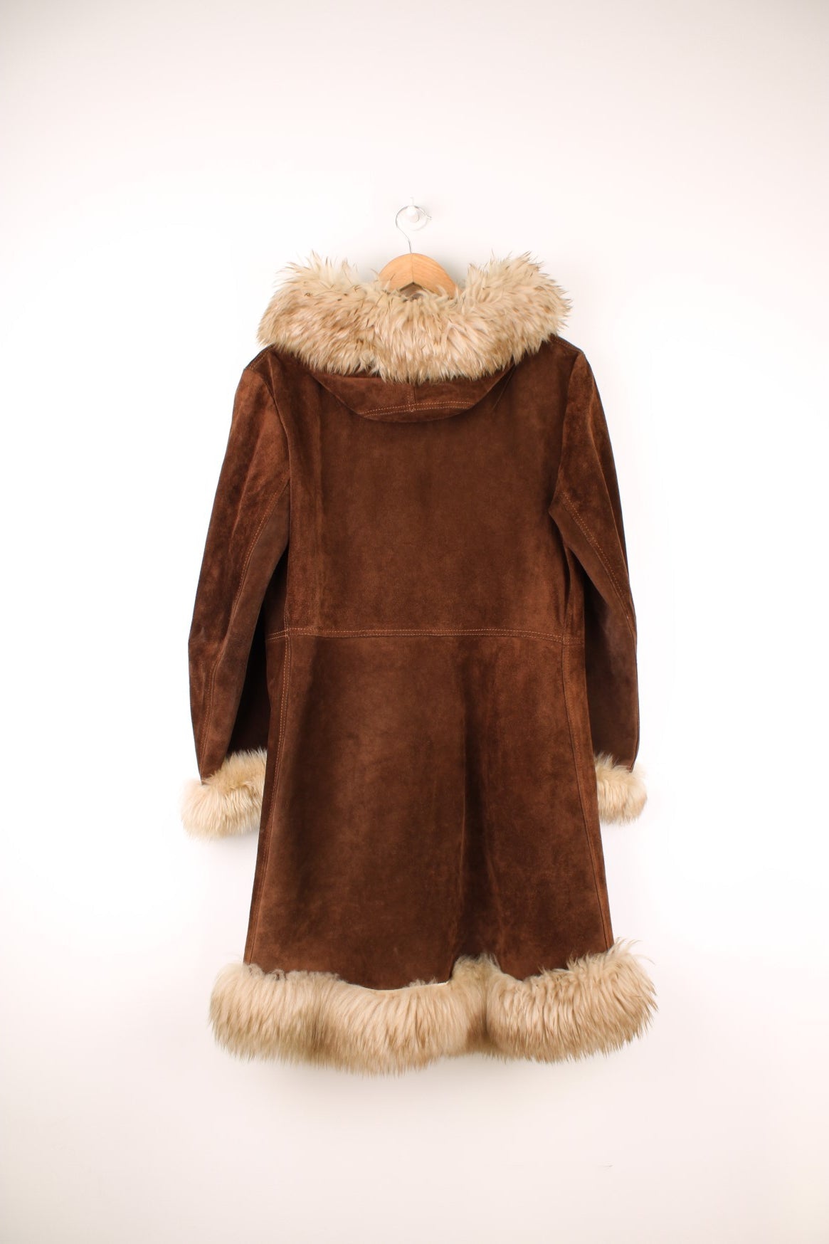 Vintage Walton Leather brown suede afghan coat with white trim and a hood. 