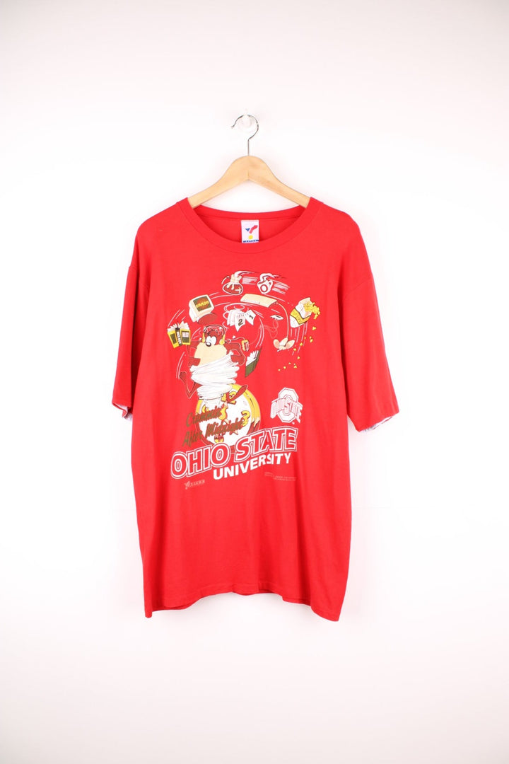 Red Ohio State University graphic tee with Looney Tunes 'Taz' graphic and text reading 'Crammin' after midnight?'