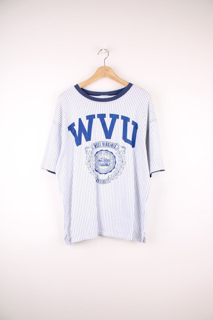 West Virginia University tee in blue and white stripe with crest and initials. 