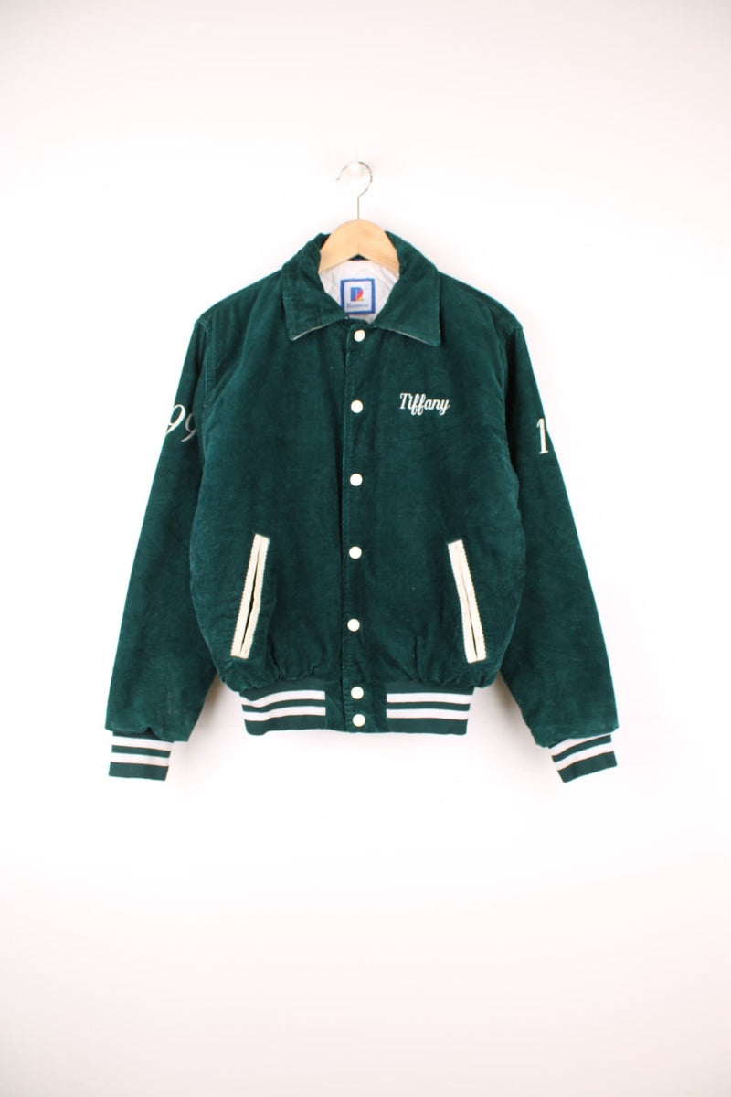 Vintage 90's green corduroy varsity jacket by Rennoc. Features embroidered spell-out motif on the back 'Oakmont' in white, popper buttons fastenings and quilted lining