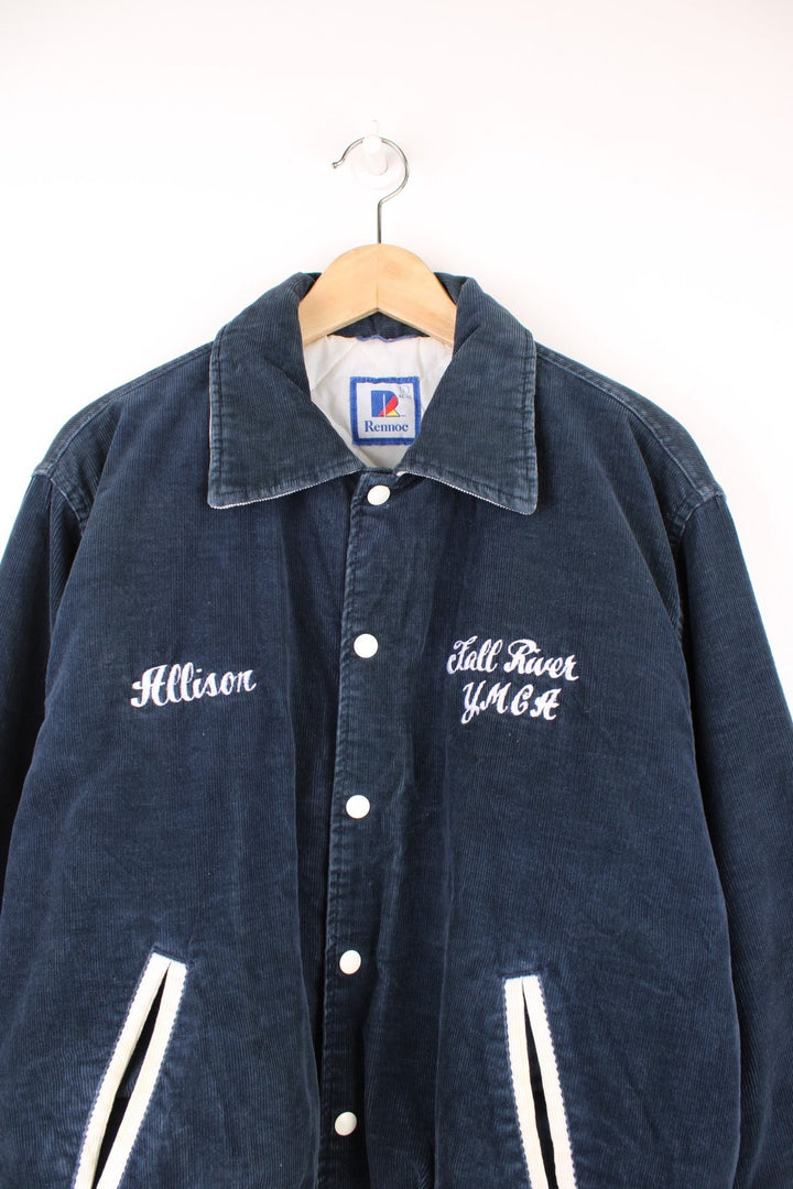 Vintage 90's navy blue corduroy varsity jacket by Rennoc. Features embroidered spell-out motif on the back 'Swim Team' in white, popper buttons fastenings and quilted lining