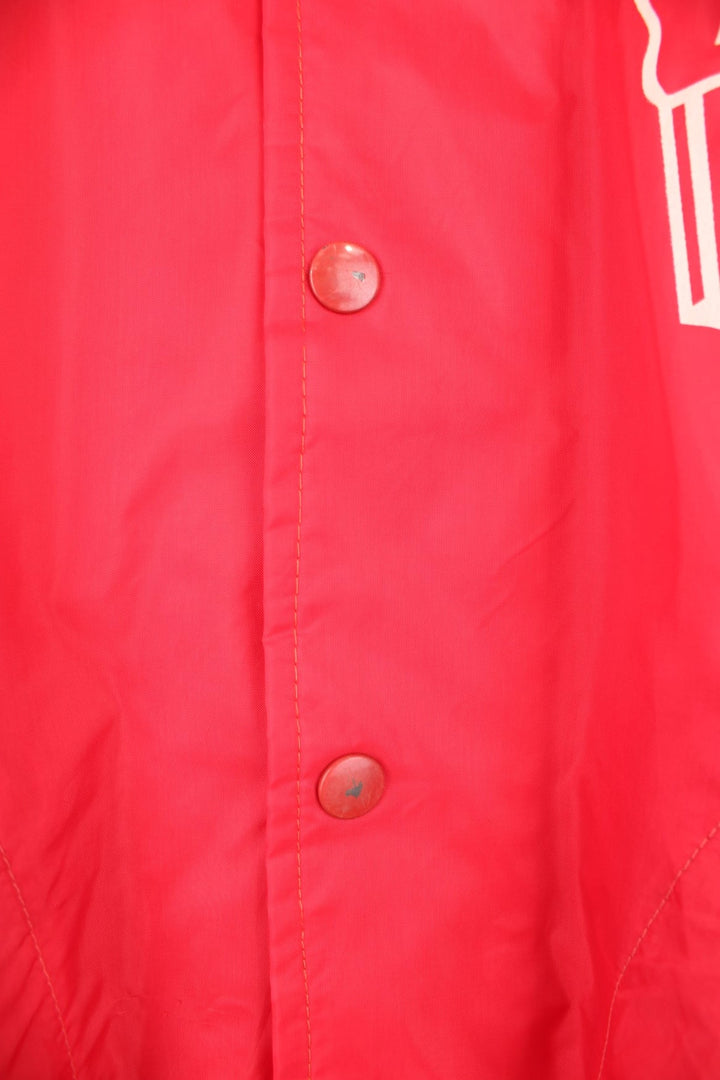 Vintage West Wind nylon coach jacket in red, features printed 'Amity Baseball' motif on the chest and back. 