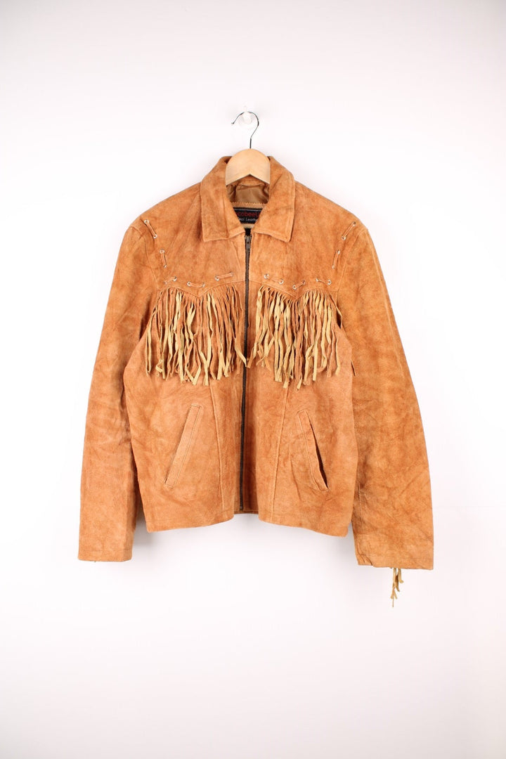 CocobeeUSA Suede Western Fringe Jacket in a brown colourway, zip up with side pockets, and has tassels throughout. 