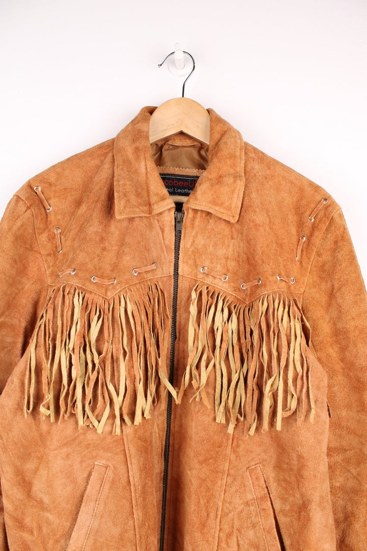 CocobeeUSA Suede Western Fringe Jacket in a brown colourway, zip up with side pockets, and has tassels throughout. 