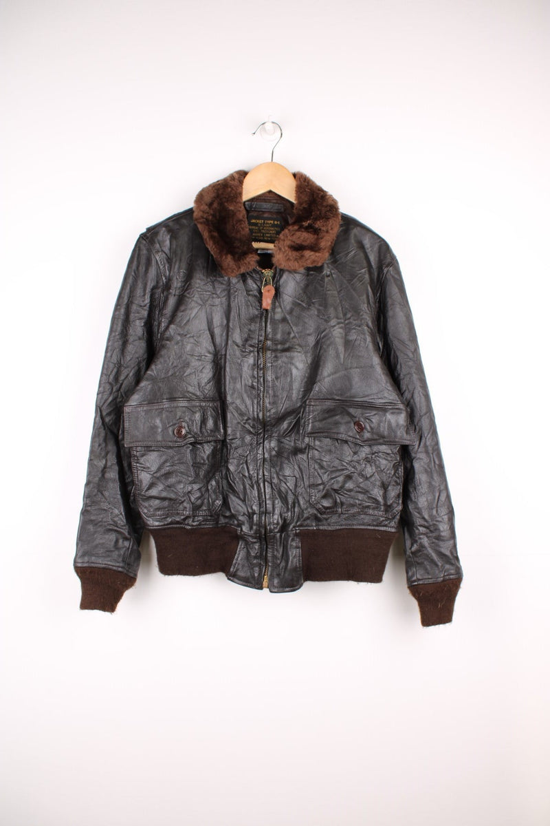 Vintage Avirex G-1 Flight Jacket in a brown colourway with a faux fur collar, zip up and has pockets. 