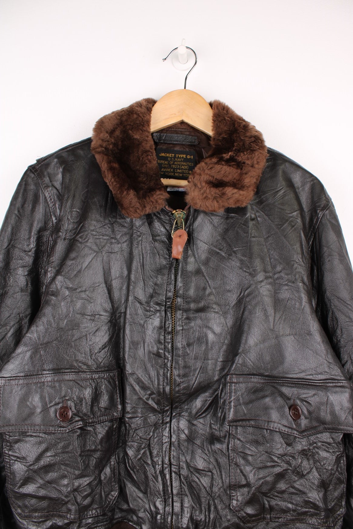 Vintage Avirex G-1 Flight Jacket in a brown colourway with a faux fur collar, zip up and has pockets. 