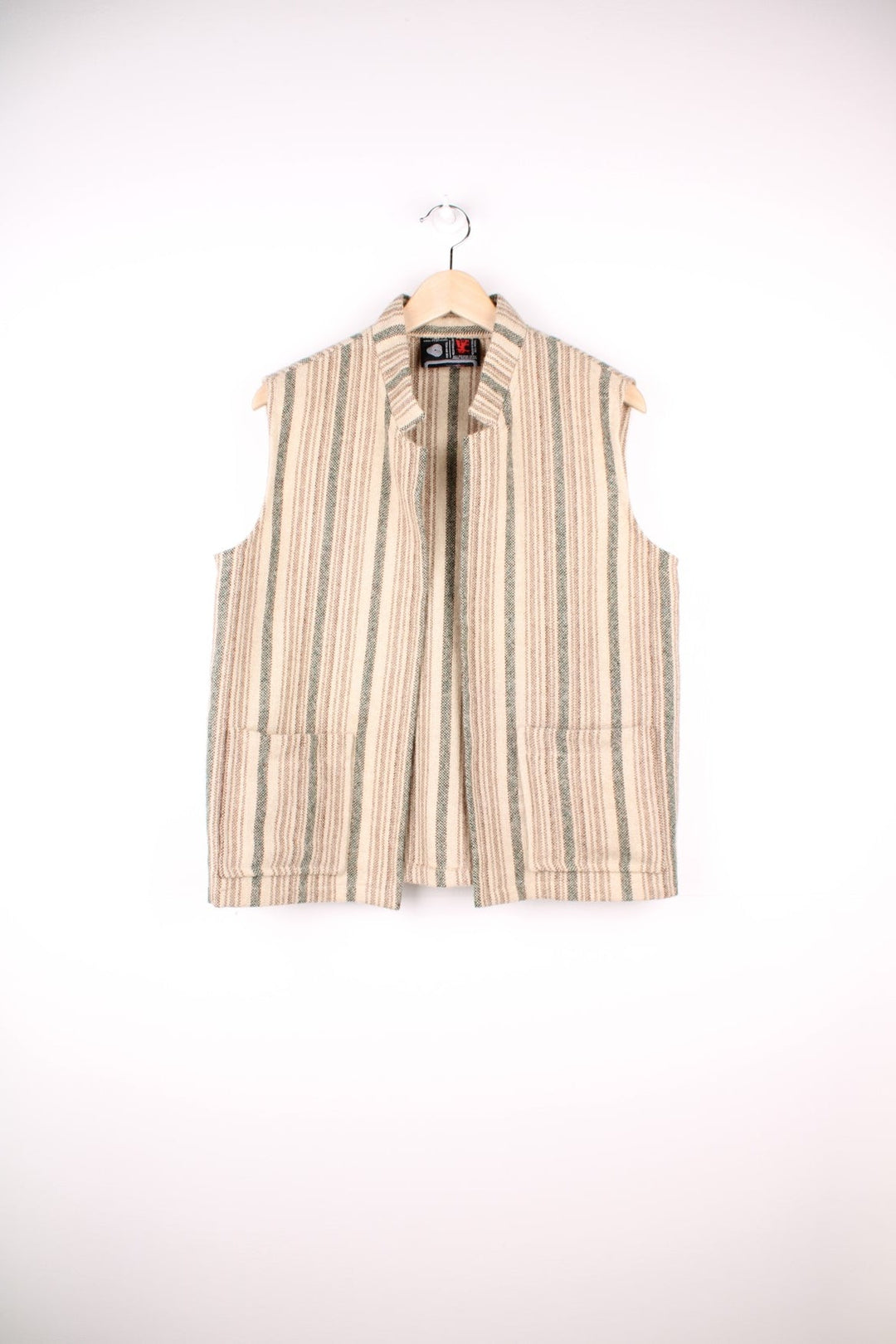 Vintage 100% wool striped vest in tan with two pockets by Eclipse. 