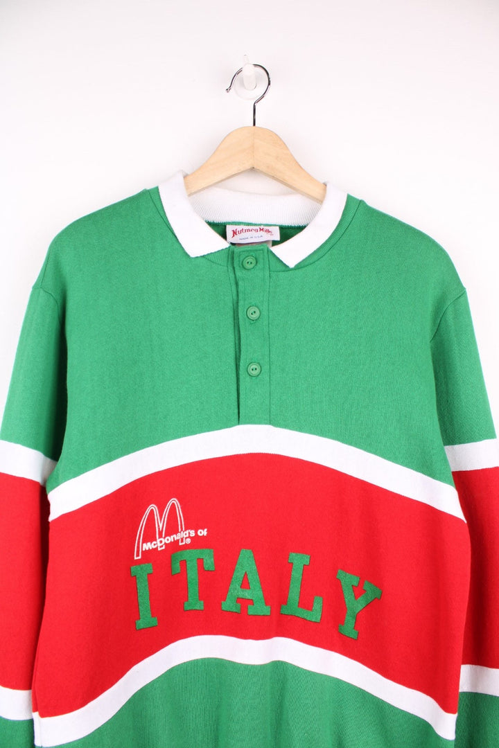 Tricolore striped quarter-button jumper reading 'McDonald's of Italy'. 