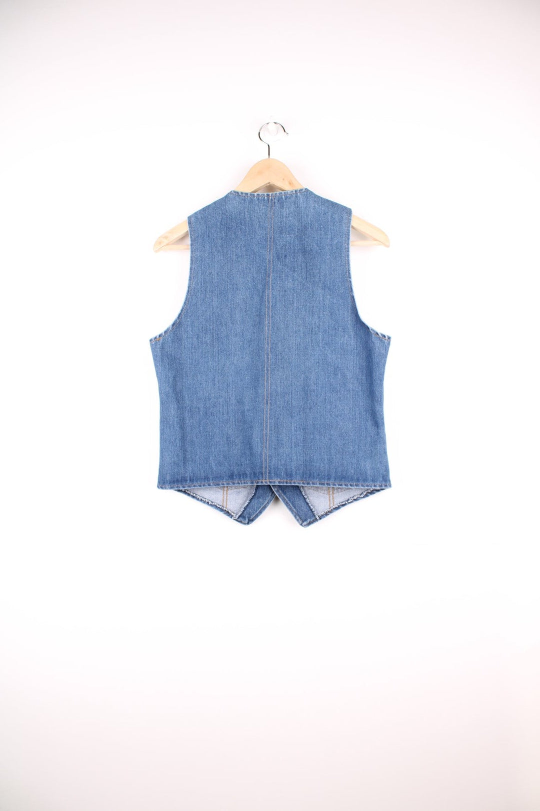 Orange tab Levi's blue denim vest with two patch pockets and button closure.  