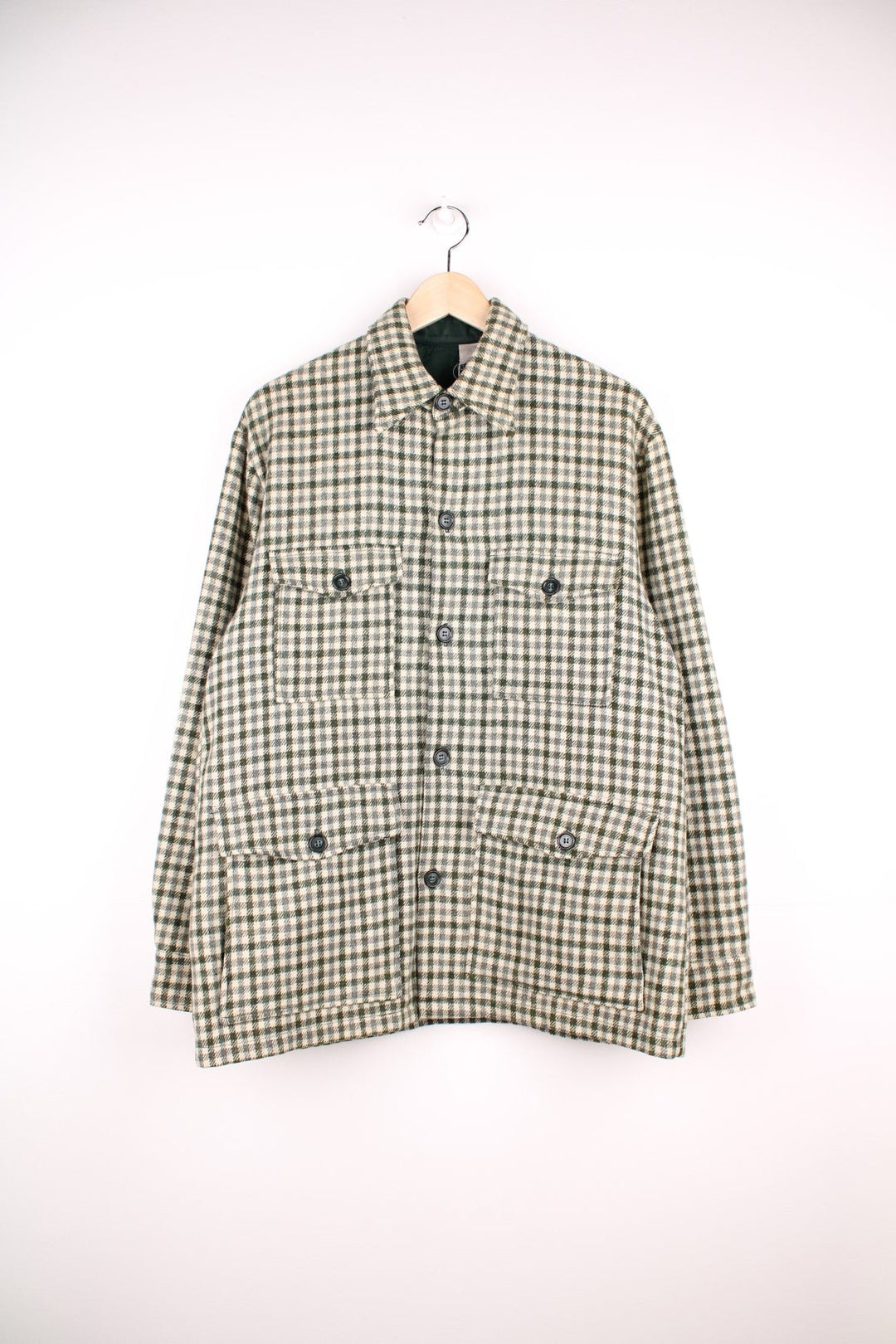 Woolrich overshirt/shirt jacket in green and cream gingham with four pockets and black buttons. 