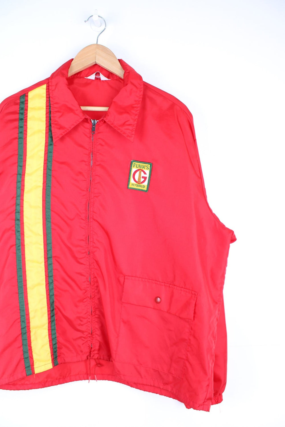 Vintage 1970's Funk's Hybrid Corn striped windbreaker/coach style jacket in red by Swingster. Features full zip and embroidered badge