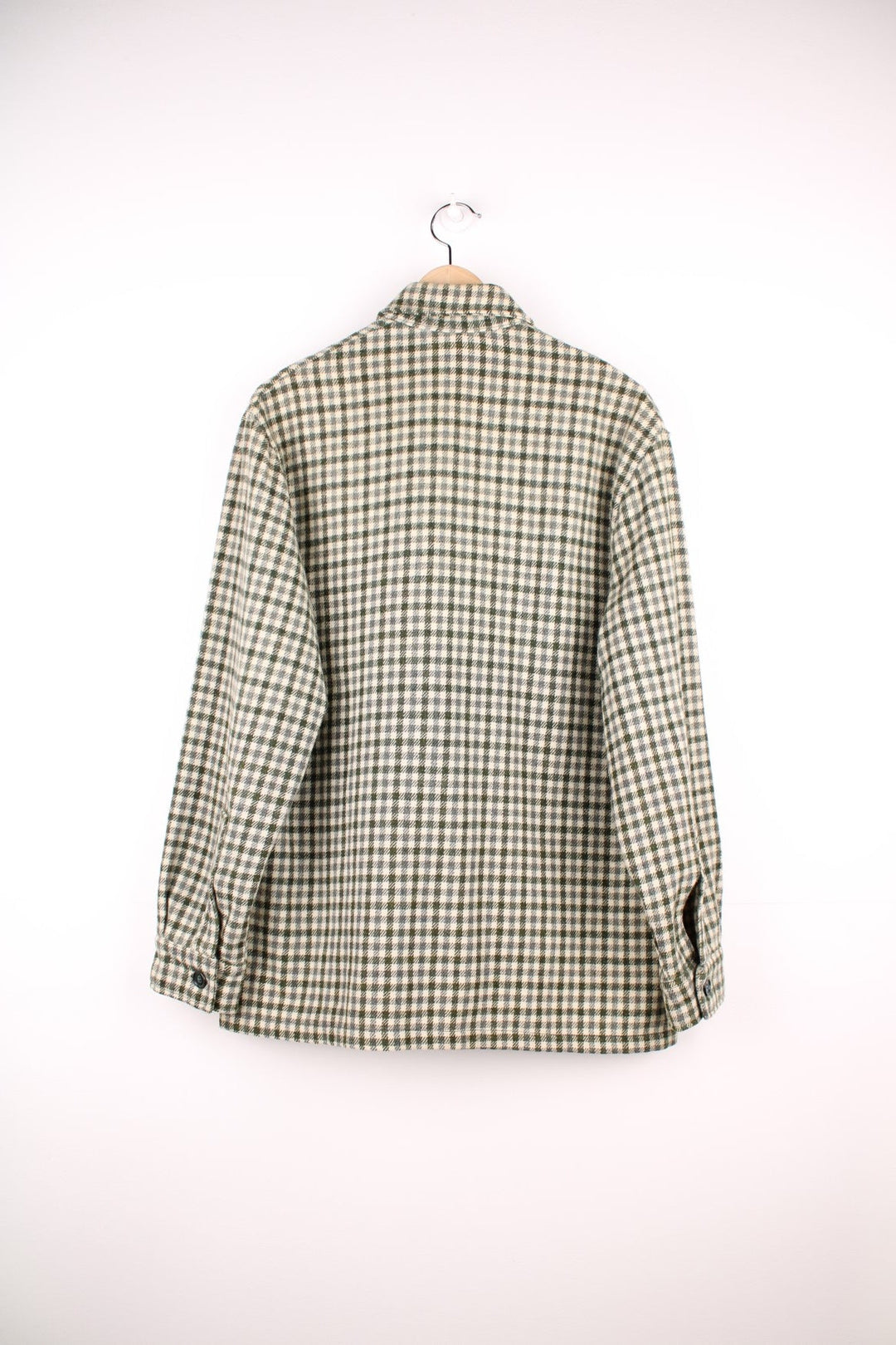 Woolrich overshirt/shirt jacket in green and cream gingham with four pockets and black buttons. 