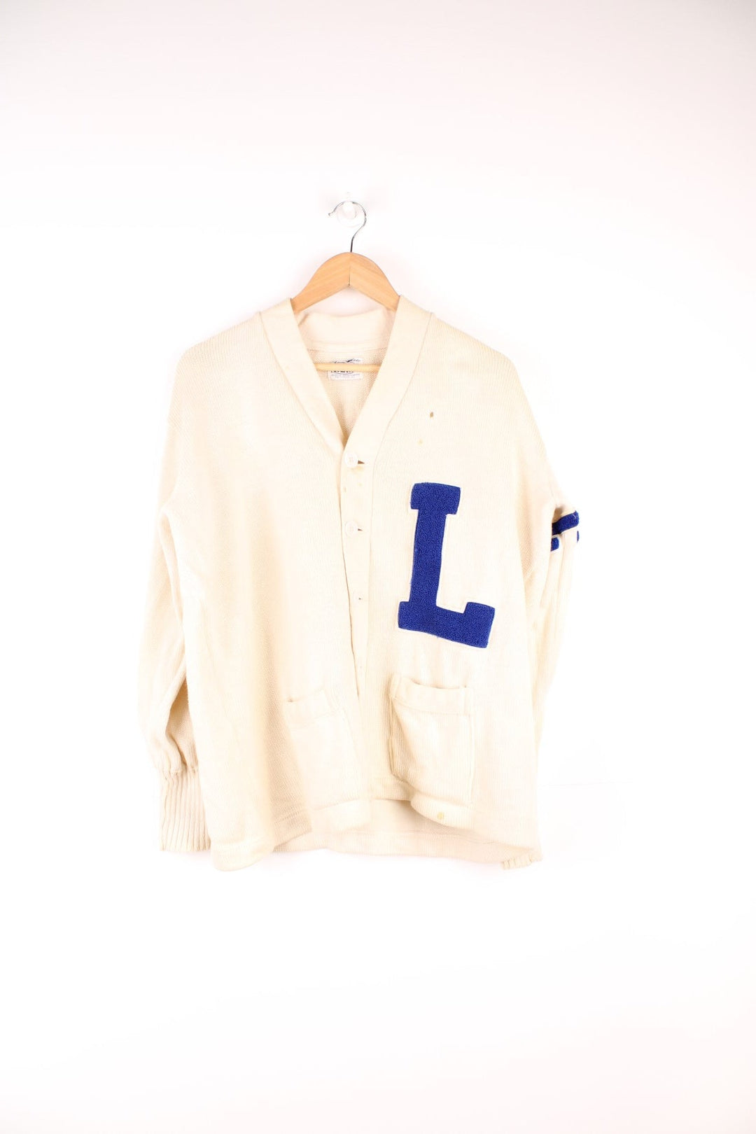 Vintage 1960's Yearite cream button up letterman/college style cardigan with bue embroidered lettering