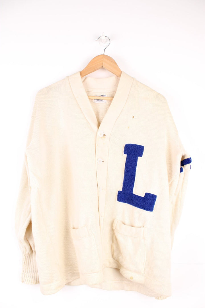 Vintage 1960's Yearite cream button up letterman/college style cardigan with bue embroidered lettering