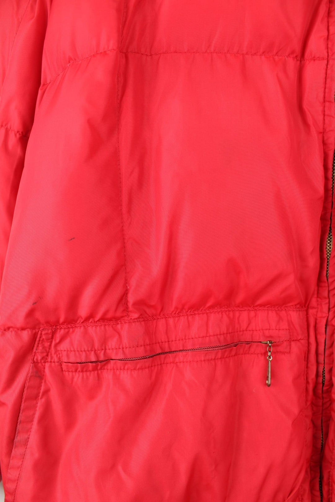 Red Bauer Down hooded puffer jacket with two pockets and zip closure. 