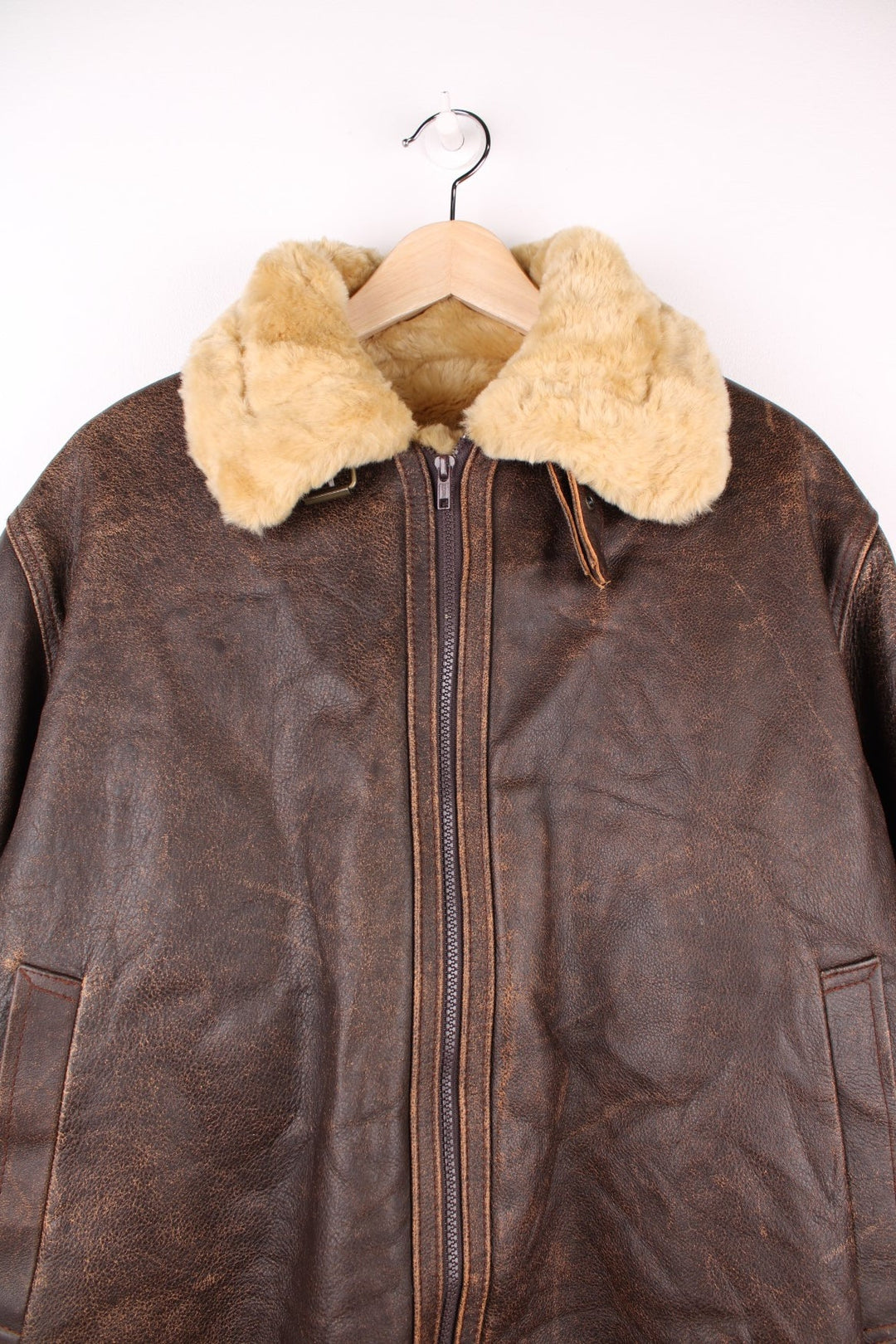 Vintage Playboy Leather Shearling Flight Jacket in a brown colourway with a cream lining, zips up and has side pockets. 