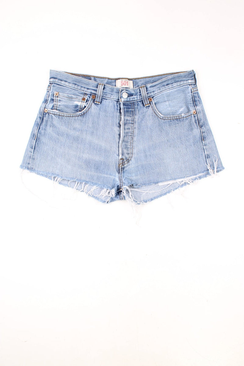 Levi's light blue 501 cutoff shorts with front and back pockets, distressed detailing and Levi's branded hardware.