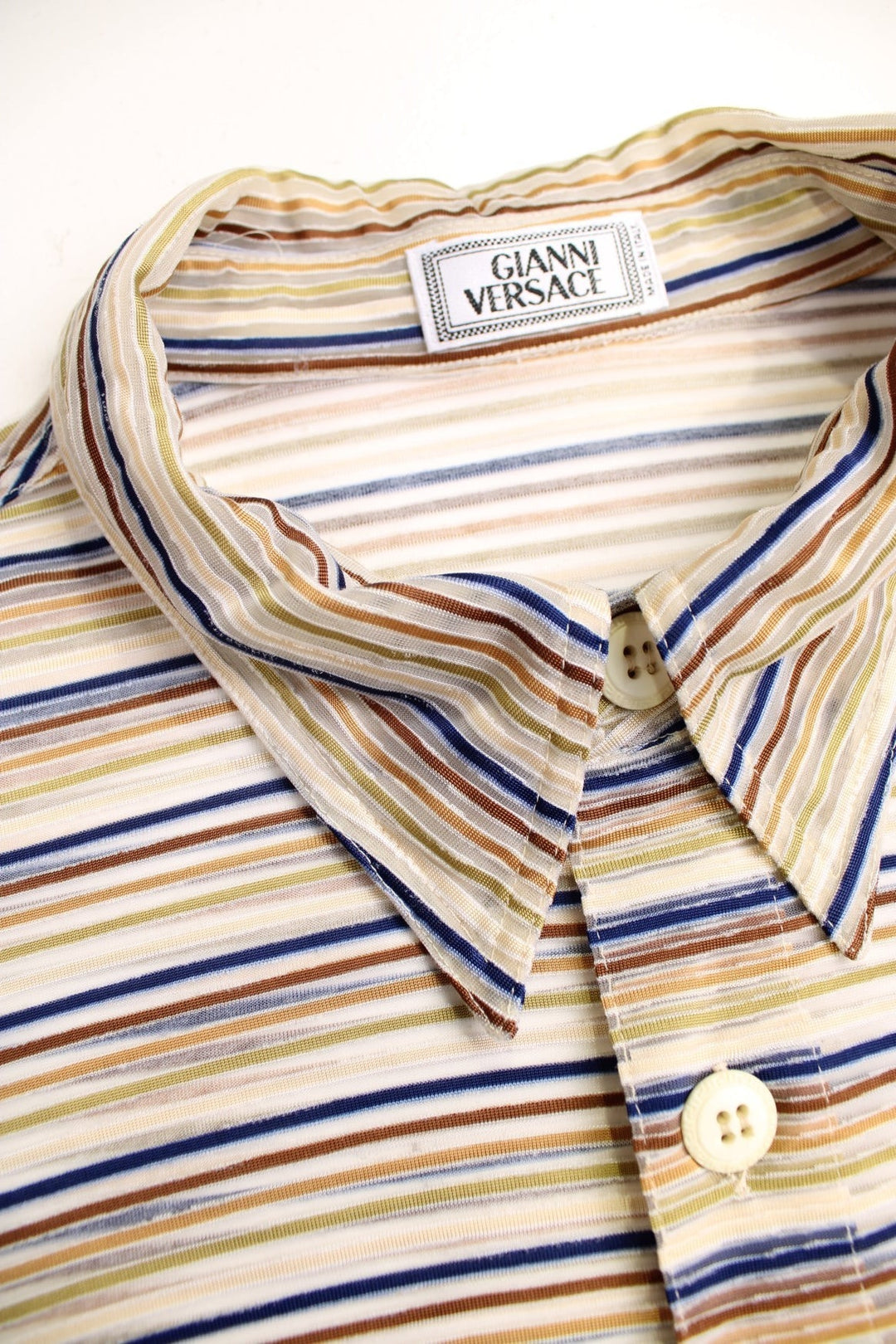 Y2K Gianni Versace sheer shirt in a multicoloured horizontal stripe pattern with button closure.