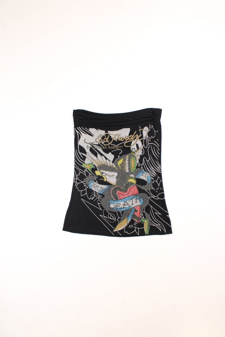 Ed Hardy Y2K bandeau top in black with a sequined True Death eagle and heart design on the front, and logo 'Don Ed Hardy Designs' on the back.