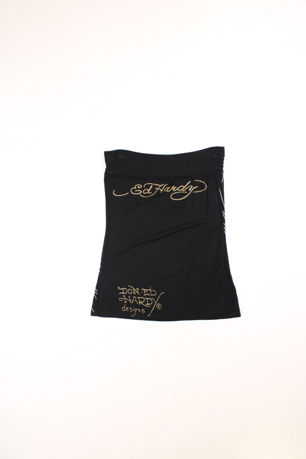 Ed Hardy Y2K bandeau top in black with a sequined True Death eagle and heart design on the front, and logo 'Don Ed Hardy Designs' on the back.