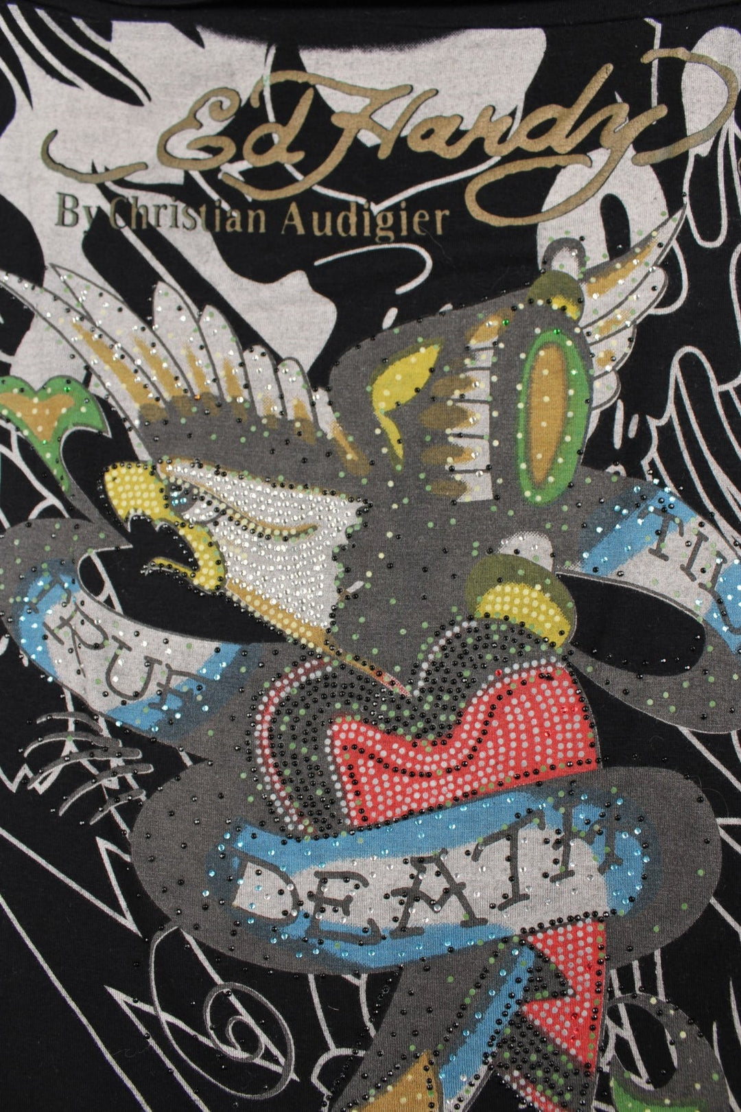 Ed Hardy Y2K bandeau top in black with a sequined True Death eagle and heart design on the front, and logo 'Don Ed Hardy Designs' on the back.