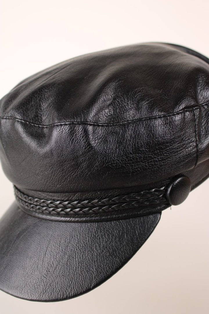 Vintage Leather Baker Boy Hat in a black colourway.