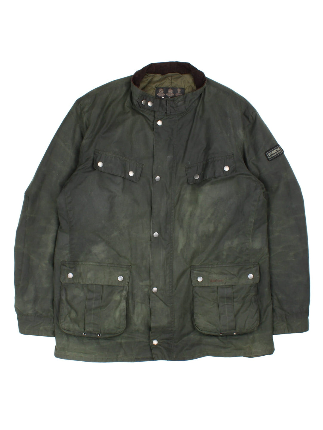 Barbour International Duke Jacket in a green colourway with a brown corduroy collar, zips and buttons up, has multiple pockets, insulated with a quilted lining, and has the logo embroidered on the front pocket and on the left slseeve.