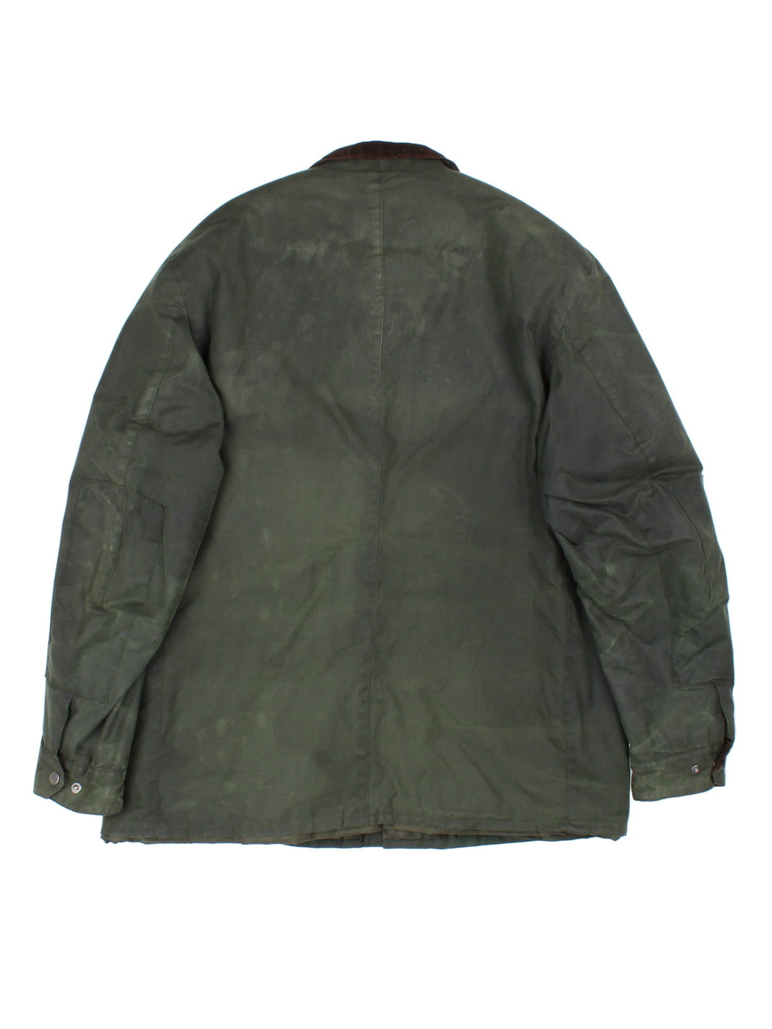 Barbour International Duke Jacket in a green colourway with a brown corduroy collar, zips and buttons up, has multiple pockets, insulated with a quilted lining, and has the logo embroidered on the front pocket and on the left slseeve.