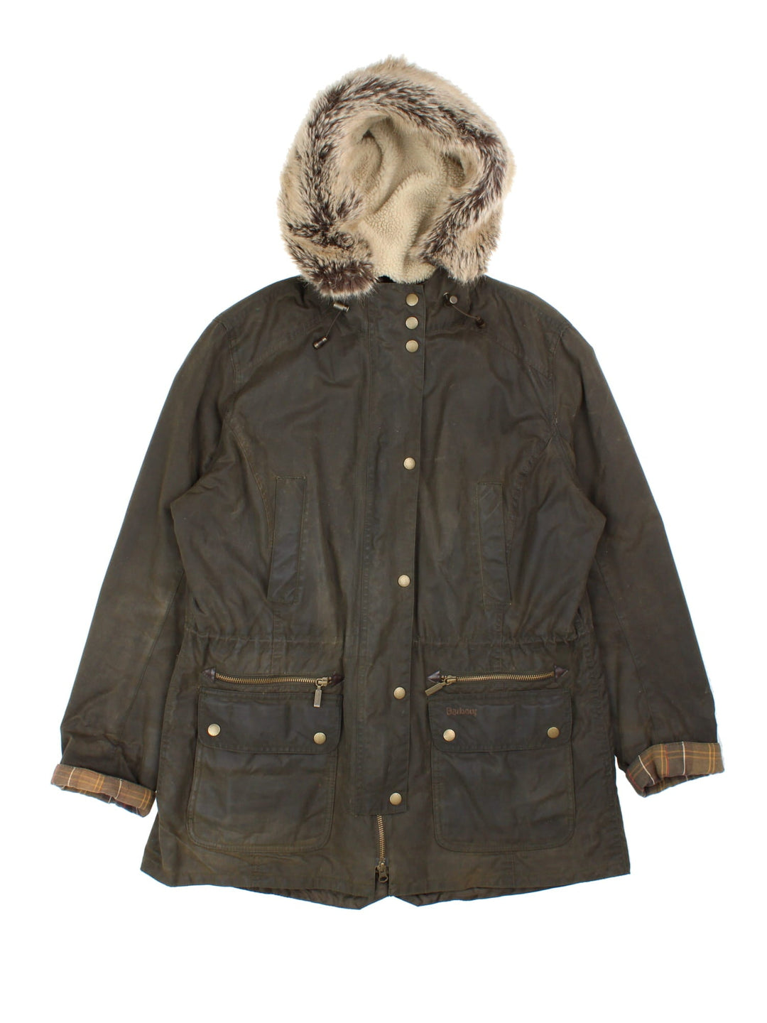 Barbour Kelsall Wax Parka Coat in a green colourway, zips and buttons up, has multiple pockets, hooded with a faux fur and sherpa lining, insulated with a quilted lining, and has the logo embroidered on the front.