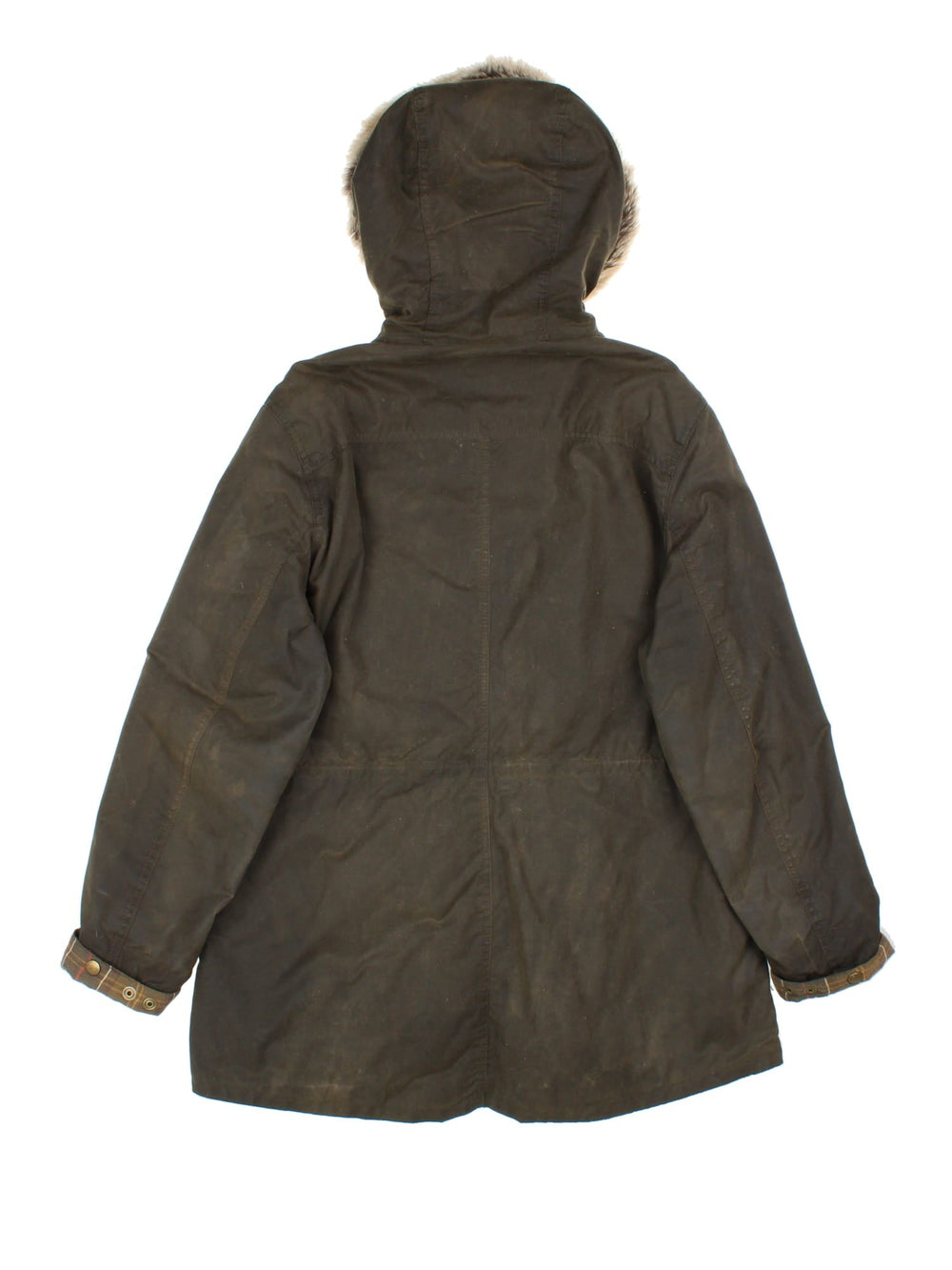 Barbour Kelsall Wax Parka Coat in a green colourway, zips and buttons up, has multiple pockets, hooded with a faux fur and sherpa lining, insulated with a quilted lining, and has the logo embroidered on the front.