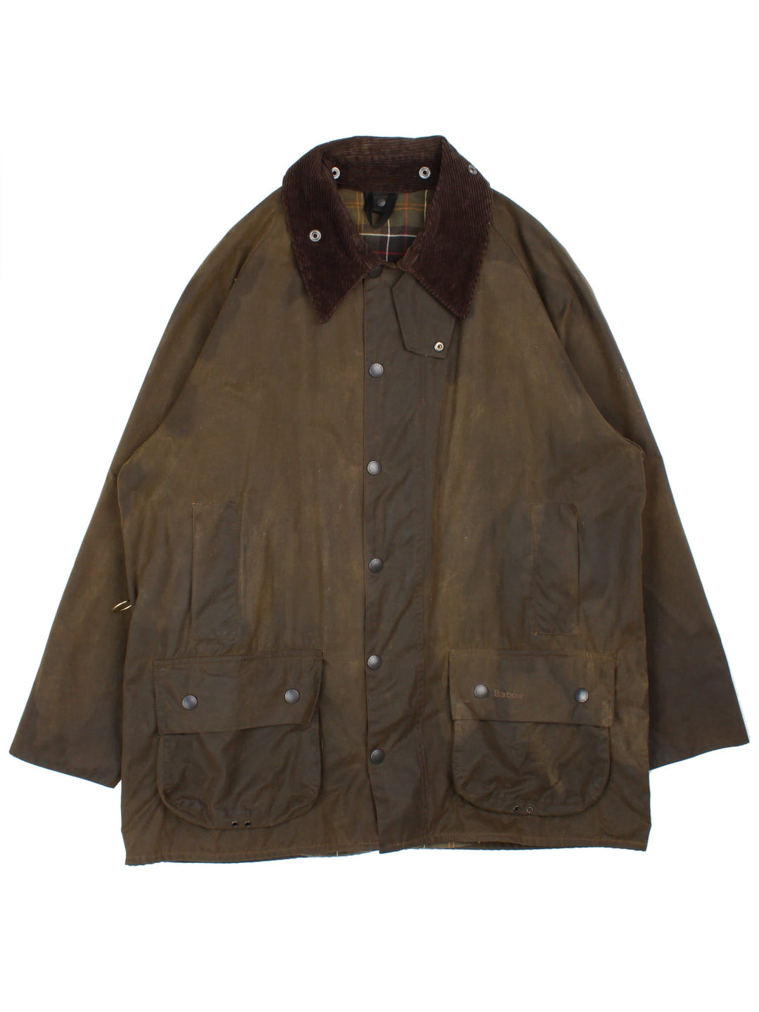 Barbour Beaufort Wax Jakcet in a green colourway, zips and buttons up, has multiple pockets, brown corduroy collar, and has the logo embroidered on the front pocket.