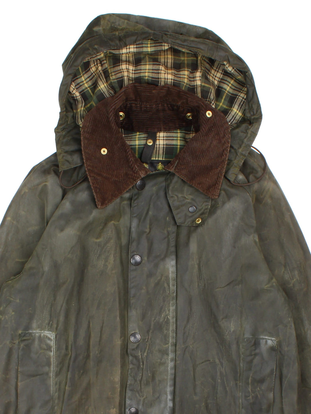 Barbour Beaufort Hooded Wax Jacket in a green colourway, zips and buttons up, has multiple pockets, detachable hood, and has a brown corduroy collar.