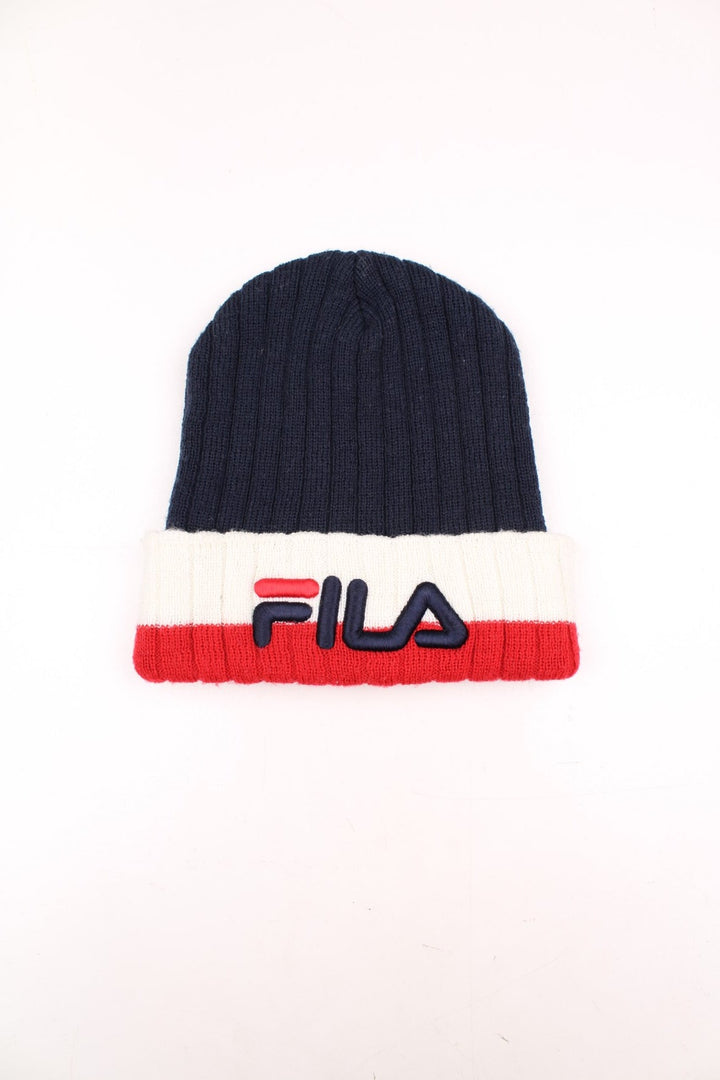 Fila red, white and blue beanie hat, features large embroidered spell-out branding on the front