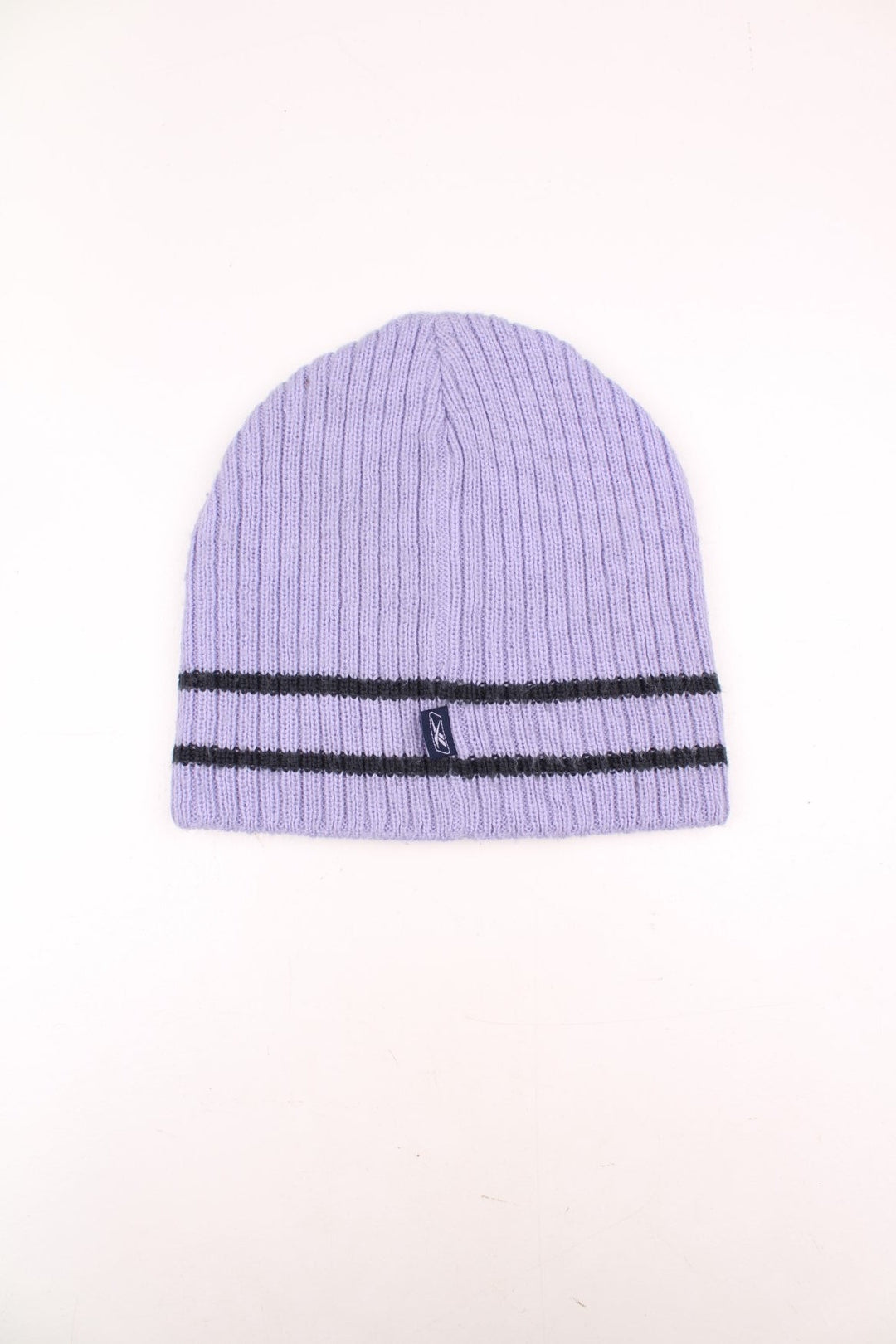 Y2K Reebok knitted beanie hat in lilac colourway. Features embroidered spell-out logo on the front