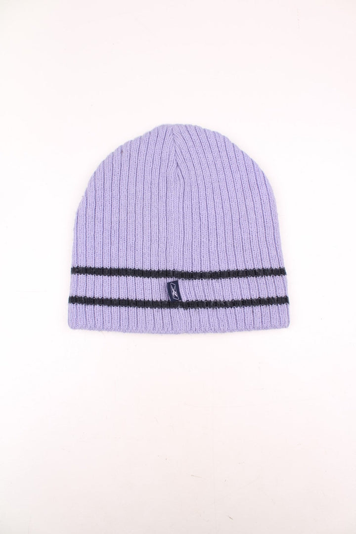 Y2K Reebok knitted beanie hat in lilac colourway. Features embroidered spell-out logo on the front