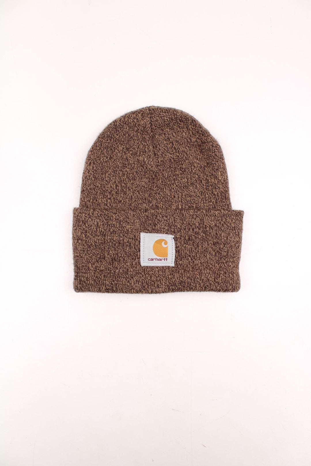 Brown Carhartt fold up beanie hat with signature embroidered logo on the front