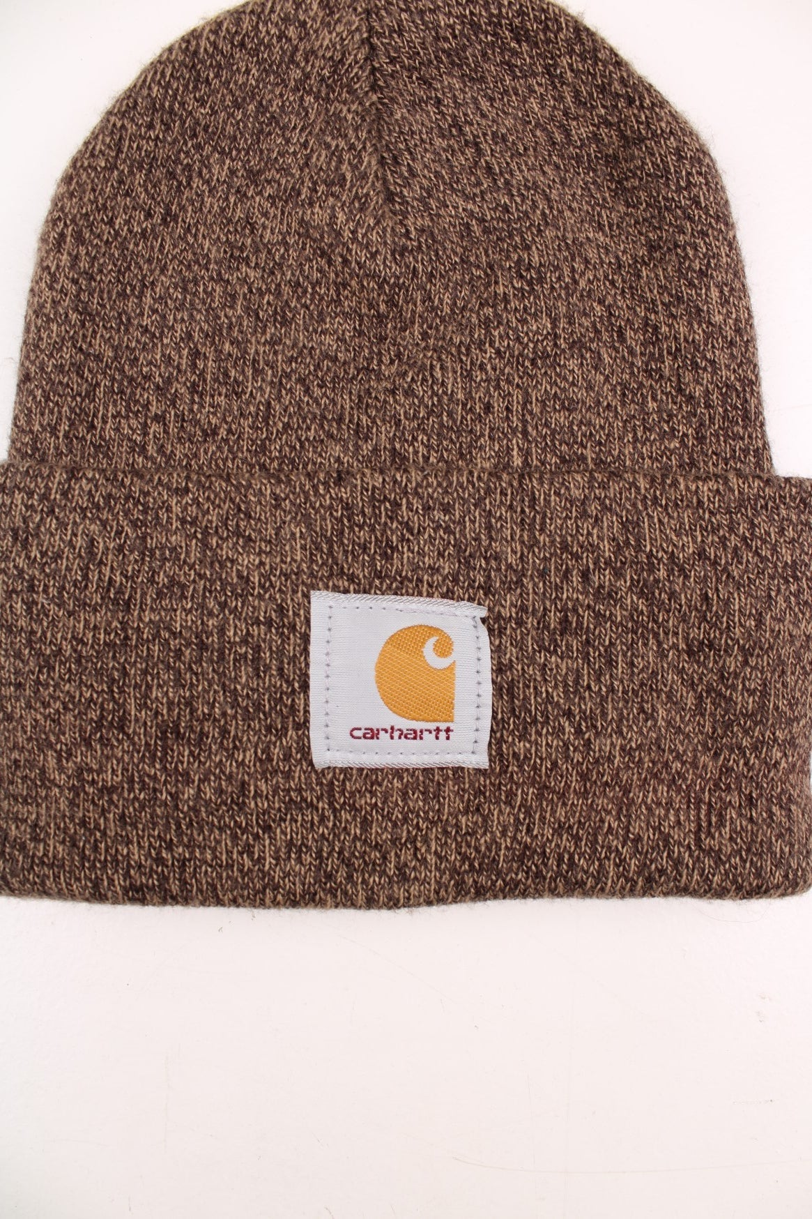 Brown Carhartt fold up beanie hat with signature embroidered logo on the front