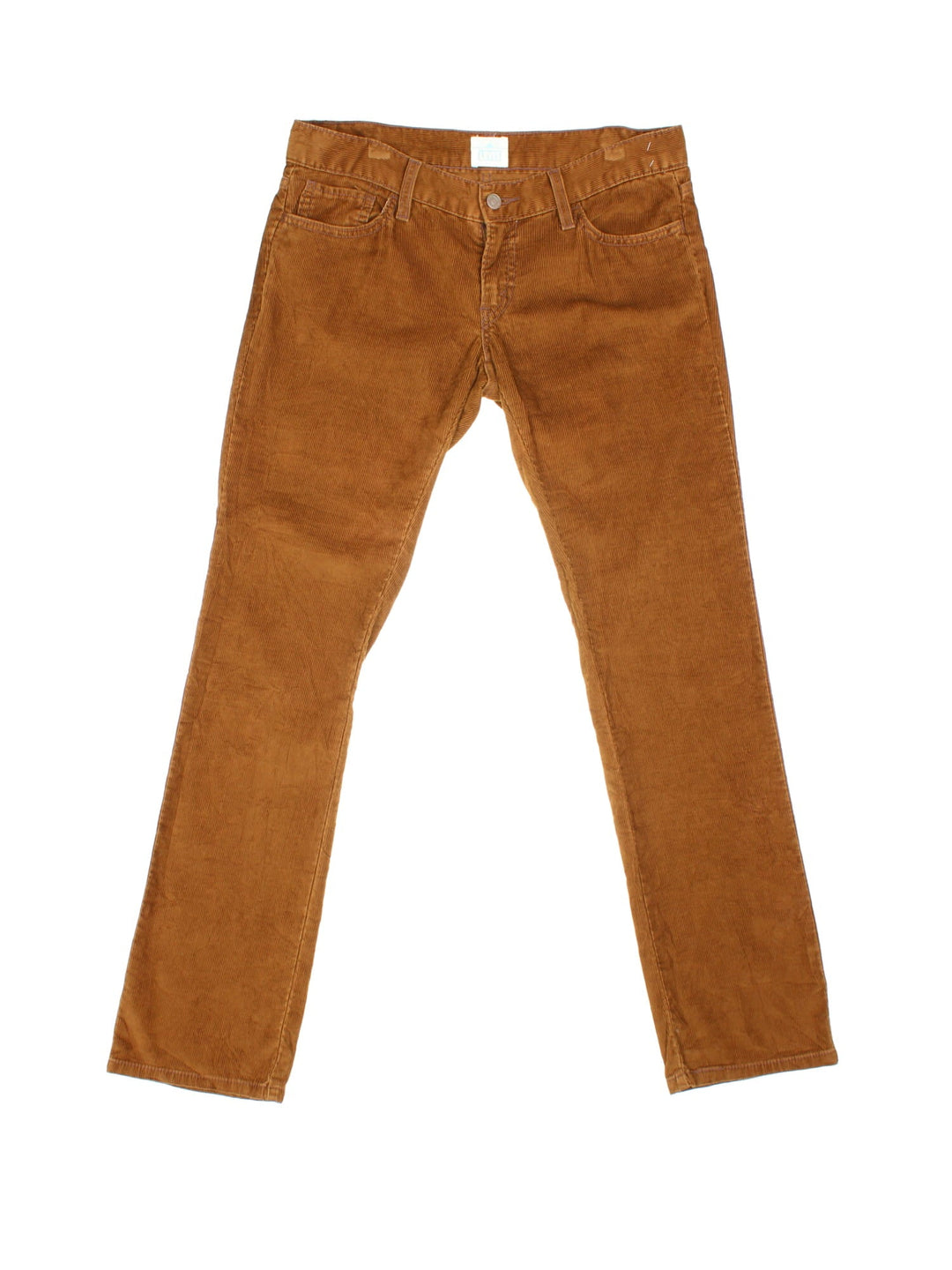 Levi Strauss white tab corduroy trousers in brown with four pockets, zip and button closure, and a white tab on the back.