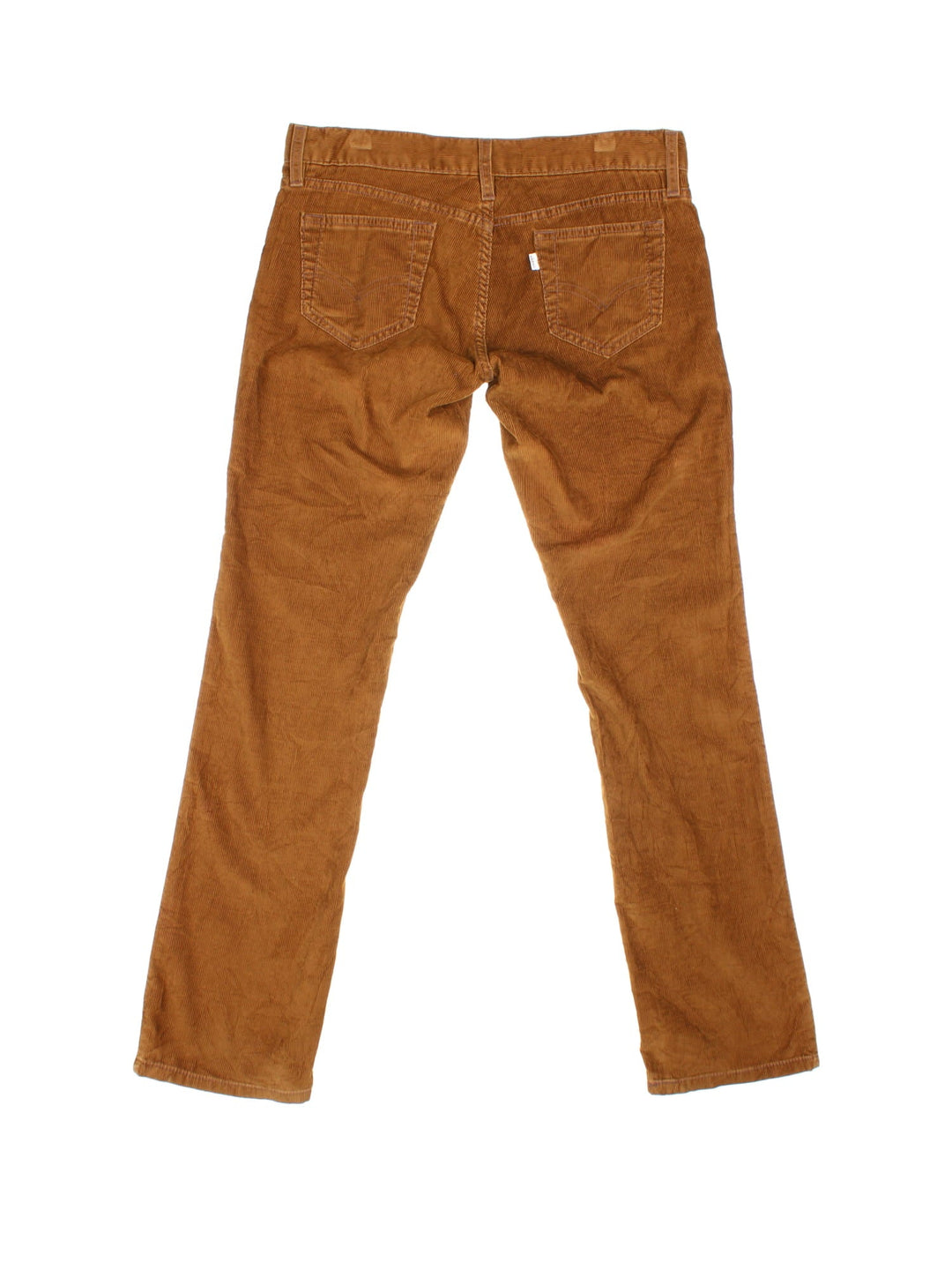 Levi Strauss white tab corduroy trousers in brown with four pockets, zip and button closure, and a white tab on the back.