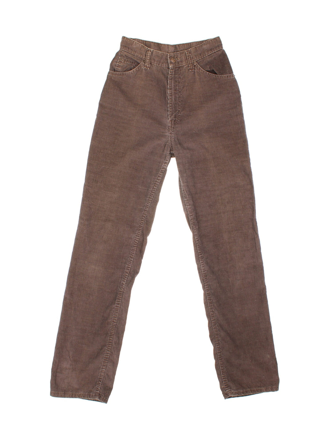 70s Levi Strauss white tab corduroy trousers in brown with four pockets, zip and button closure, and a logo patch on the back.