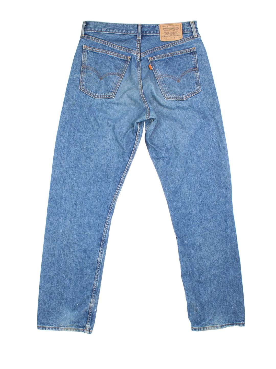 Levi Strauss 501 jeans in blue colourway with button up fly, straight leg and leather logo patch on the back.